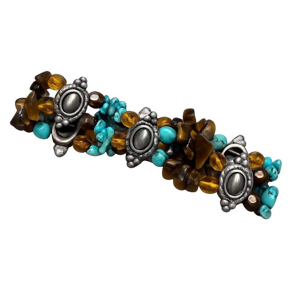 Southwestern Boho Tigers Eye Turquoise Beaded Stretch Bracelet Silver Medallions